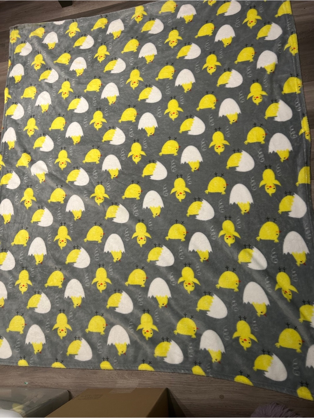 Plush Yellow Chick Print Fleece Throw Blanket - Gray Background 46w x 59L